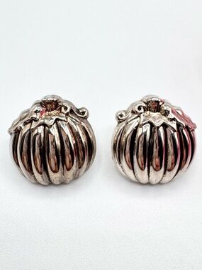 Vintage BEST Pumpkin Silver Tone Earrings Gourd Fall Autumn October Halloween